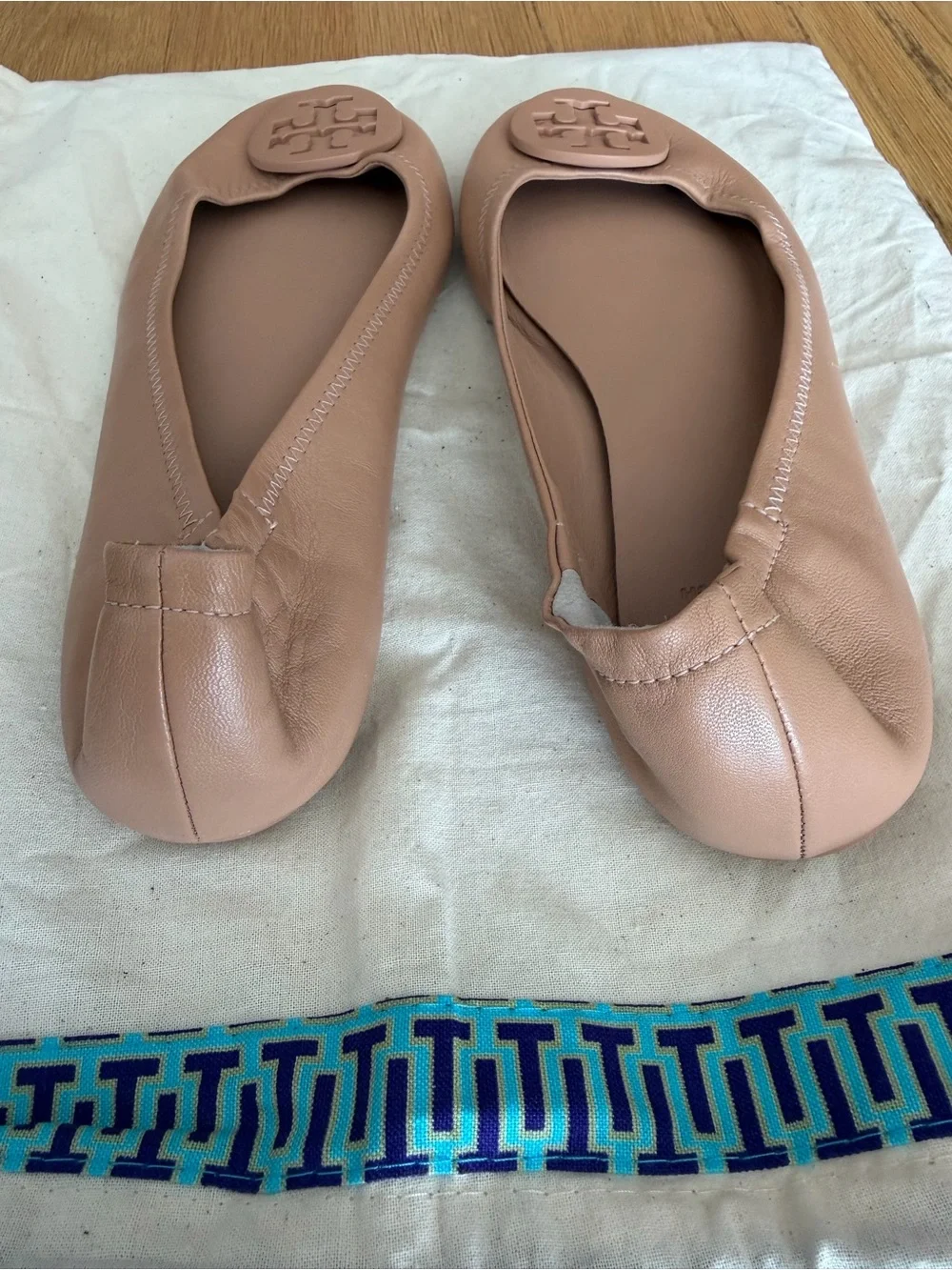 Tory Burch Blush Tan Leather Logo Ballet Flats